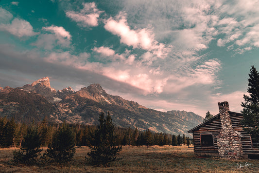 Morning Sunrise at Historic Cabin in Grand Teton National park
