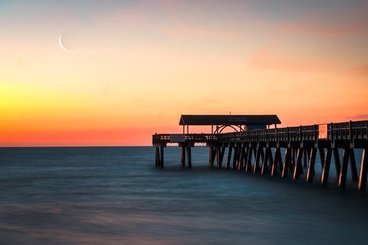 Crescent Moon and Tybee Island Pier at Sunrise